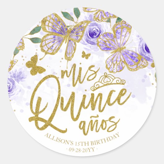 Paarse Vlinder Bloemen Quinceanera Party Ronde Sticker (Voorkant)
