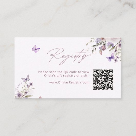 Paarse Vlinder Bloemen Registratie QR Code Informatiekaartje (Voorkant)