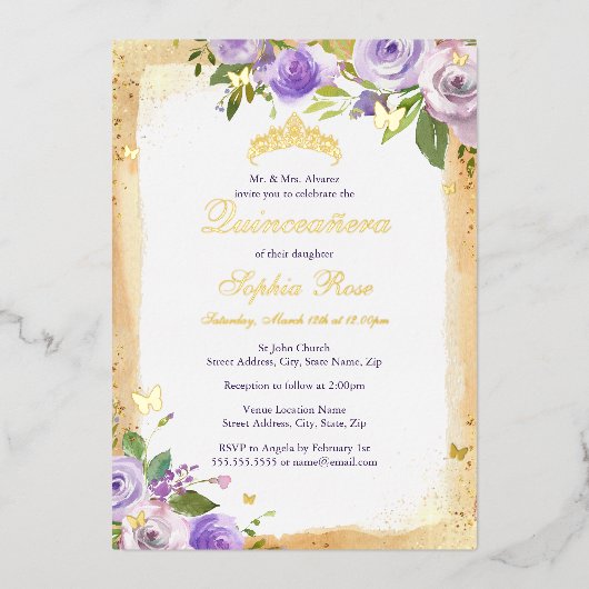 Paarse Vlinder Bloemen Roos Quinceanera Folie Uitnodiging (Voorkant)