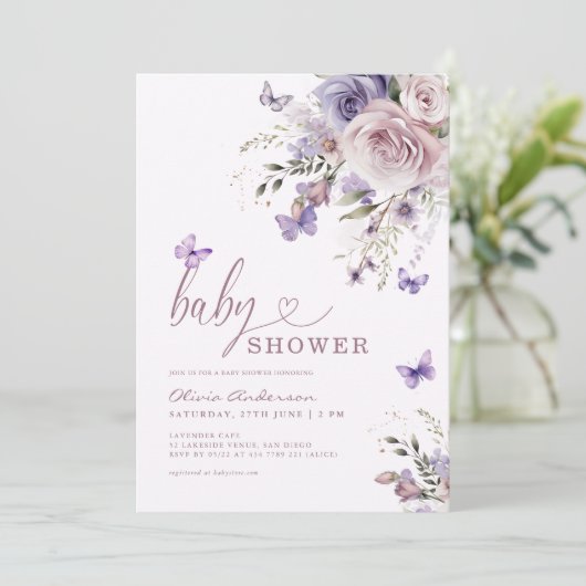 Paarse vlinder bloemig Baby shower Kaart (Staand voorkant)