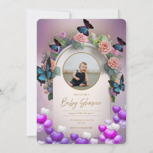 Paarse Vlinder Bloemige Baby Shower Uitnodiging