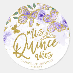 Paarse Vlinder Bloemige Quinceanera Feest Ronde Sticker