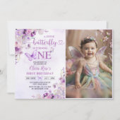 Paarse vlinder boho bloeit 1e verjaardag foto kaart (Voorkant)
