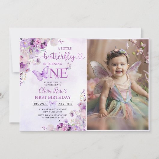 Paarse vlinder boho bloeit 1e verjaardag foto kaart (Voorkant)