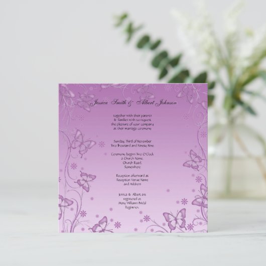  Paarse Vlinder bruiloft uitnodiging (Staand voorkant)