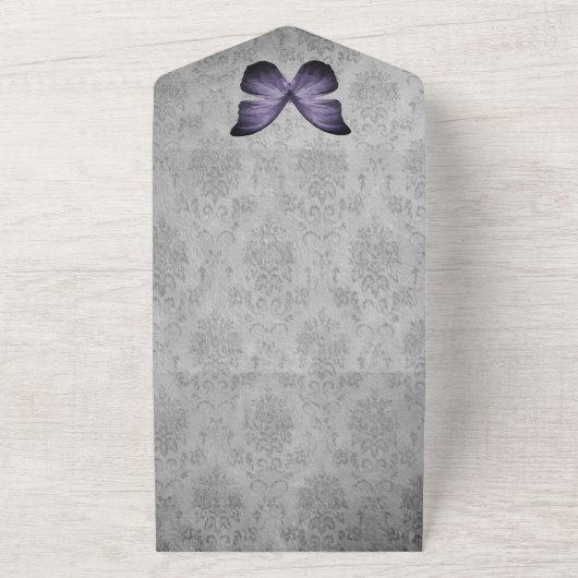 Paarse vlinder Damask bruiloft All In One Uitnodiging (Buitenkant)