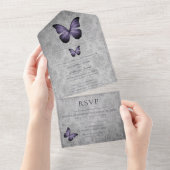Paarse  vlinder Damask bruiloft All In One Uitnodiging (Afscheurbaar)