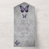 Paarse  vlinder Damask bruiloft All In One Uitnodiging (Binnen)