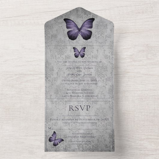 Paarse vlinder Damask bruiloft All In One Uitnodiging (Binnen)