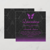 Paarse Vlinder & Damask Quinceanera Uitnodigen Kaart (Voorkant / Achterkant)