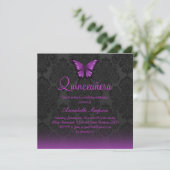Paarse Vlinder & Damask Quinceanera Uitnodigen Kaart (Staand voorkant)