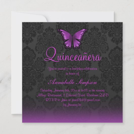 Paarse Vlinder & Damask Quinceanera Uitnodigen Kaart (Voorkant)