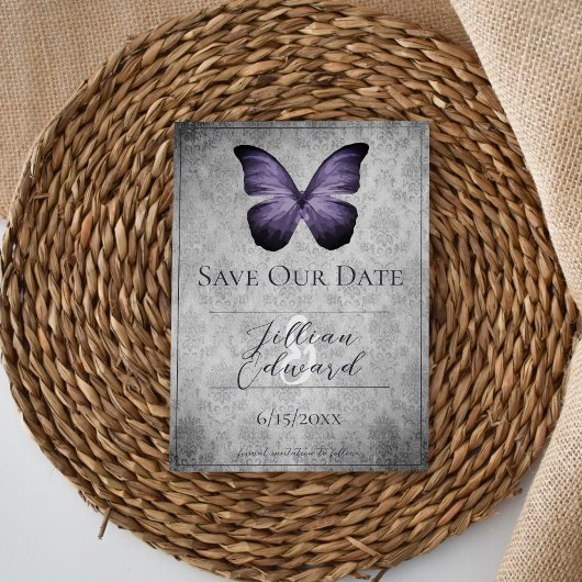 Paarse  Vlinder Damask Save the Date Aankondiging