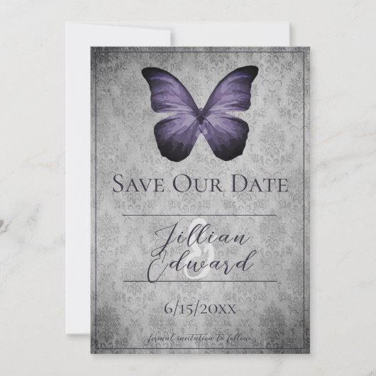 Paarse Vlinder Damask Save the Date Aankondiging (Voorkant)