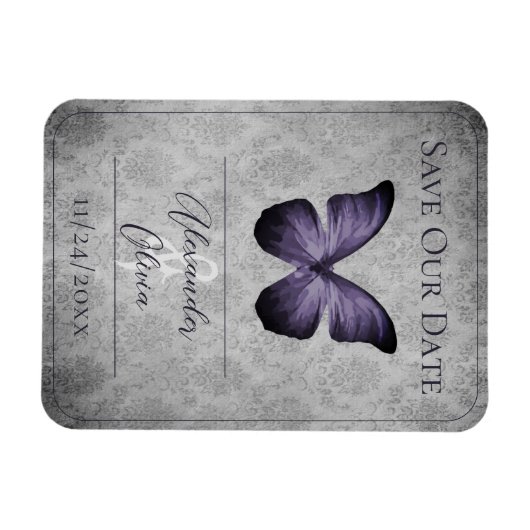 Paarse  Vlinder Damask Save the Date Magneet (Horizontaal)