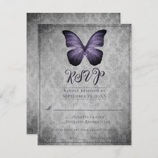 Paarse  Vlinder Damast Bruiloft RSVP (Voorkant / Achterkant)