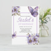 Paarse vlinder eerste verjaardag, bloemen uitnodig kaart (Staand voorkant)