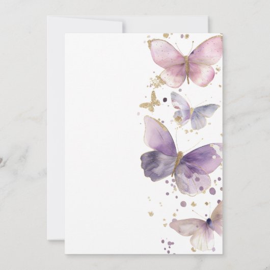 Paarse vlinder eerste verjaardag, bloemen uitnodig kaart (Achterkant)