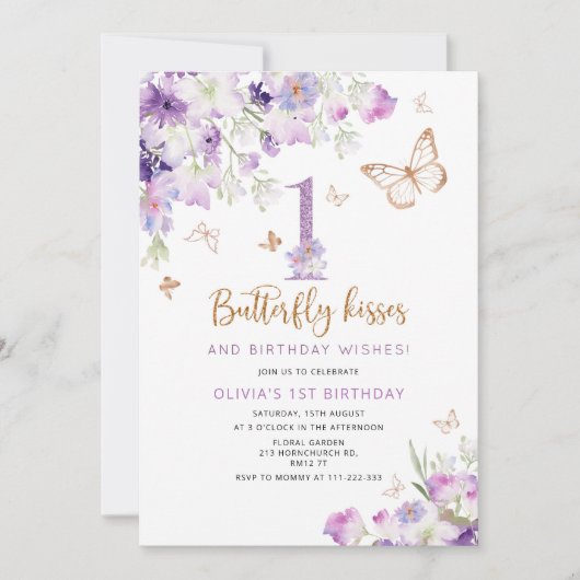 Paarse vlinder eerste verjaardag kaart (Voorkant)