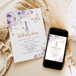 Paarse vlinder eerste verjaardag kaart