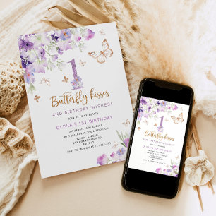 Paarse vlinder eerste verjaardag kaart