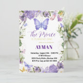 Paarse vlinder eerste verjaardagsuitnodiging voor kaart (Staand voorkant)