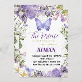 Paarse vlinder eerste verjaardagsuitnodiging voor kaart (Voorkant / Achterkant)