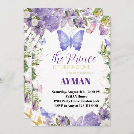 Paarse vlinder eerste verjaardagsuitnodiging voor kaart (Voorkant / Achterkant)