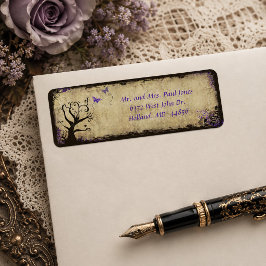 Paarse Vlinder en Boom Vintage Trouwadres  Etiket
