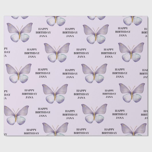 Paarse vlinder en gelukkige verjaardag cadeaupapier (Vlak)