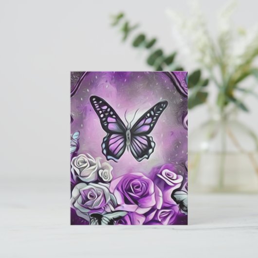 Paarse vlinder en Rozen Briefkaart (Staand voorkant)