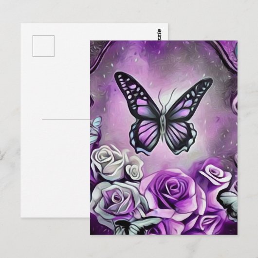 Paarse vlinder en Rozen Briefkaart (Voorkant / Achterkant)