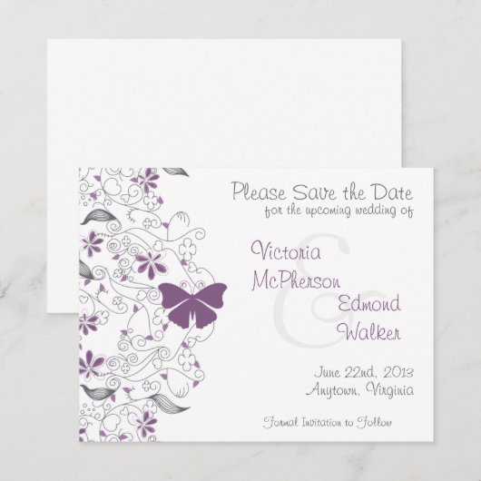 Paarse Vlinder Fancy Bewaar de Datum Aankondiging (Voorkant / Achterkant)
