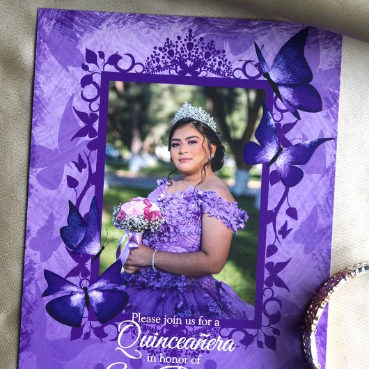 Paarse vlinder, Fancy Quinceanera-uitnodiging Kaart