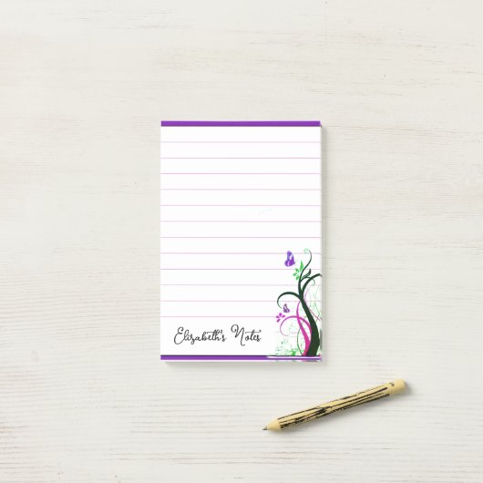 Paarse vlinder gepersonaliseerd post-it® notes (Op bureau)