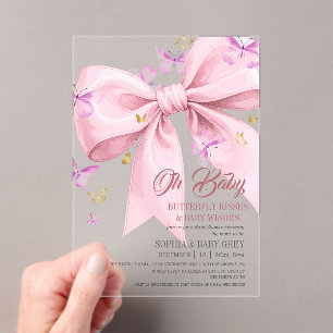 Paarse Vlinder Goud en Blush Roze Baby Shower Acryl Uitnodigingen