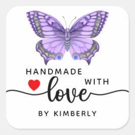 Paarse vlinder handgemaakt met Love White Vierkante Sticker