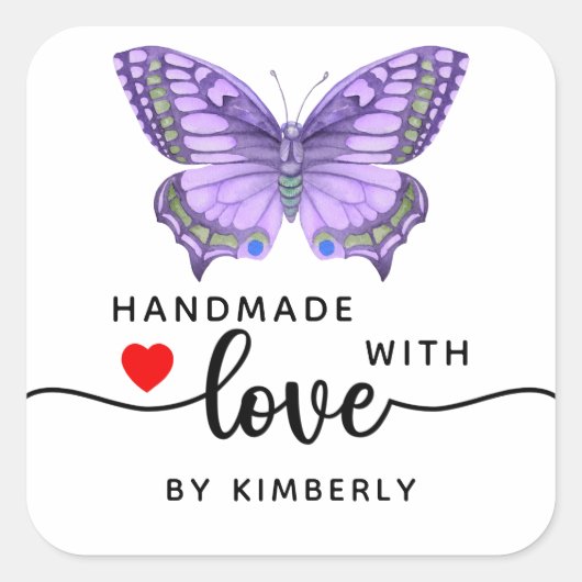 Paarse vlinder handgemaakt met Love White Vierkante Sticker (Voorkant)