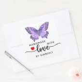 Paarse vlinder handgemaakt met Love White Vierkante Sticker (Envelop)