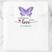 Paarse vlinder handgemaakt met Love White Vierkante Sticker (Tas)