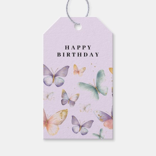 Paarse vlinder Happy Birthday Cadeaulabel (Voorkant)
