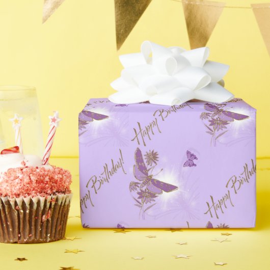 Paarse vlinder Happy Birthday Wrapping Paper Cadeaupapier (Verjaardagsfeest)