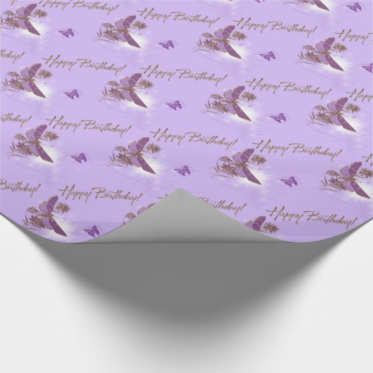 Paarse vlinder Happy Birthday Wrapping Paper Cadeaupapier (Hoek)