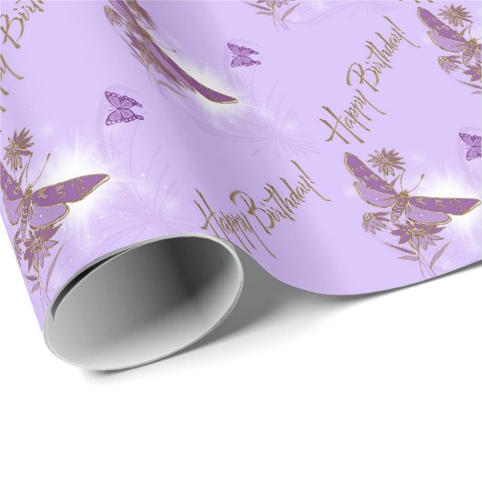 Paarse vlinder Happy Birthday Wrapping Paper Cadeaupapier (Rol Hoek)