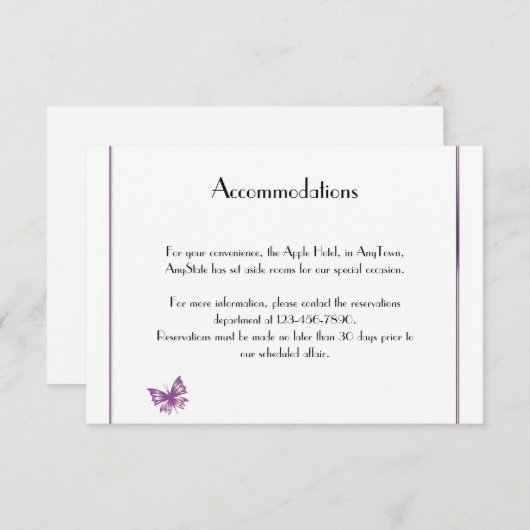 Paarse vlinder hart bruiloft invoegen informatiekaartje (Voorkant / Achterkant)