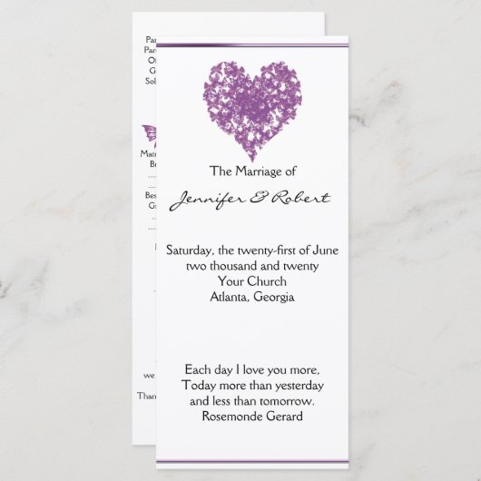 Paarse vlinder hart bruiloft programma programmakaart (Voorkant / Achterkant)