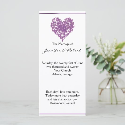 Paarse vlinder hart bruiloft programma programmakaart (Staand voorkant)