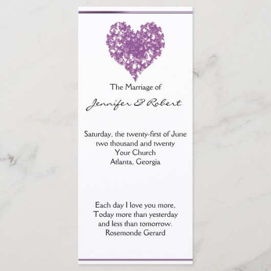 Paarse vlinder hart bruiloft programma programmakaart (Voorkant)