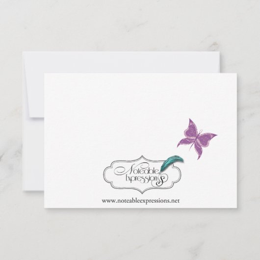 Paarse vlinder hart bruiloft receptie kaart (Achterkant)