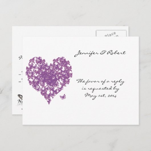 Paarse vlinder hart bruiloft RSVP Uitnodiging Briefkaart (Voorkant / Achterkant)